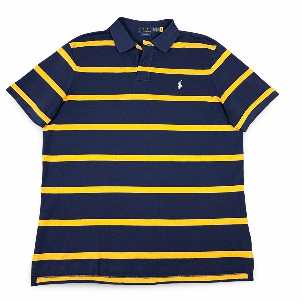 Polo Ralph Lauren Mens XL Navy Yellow Stripe Mesh Classic Fit Shirt Blokecore SS